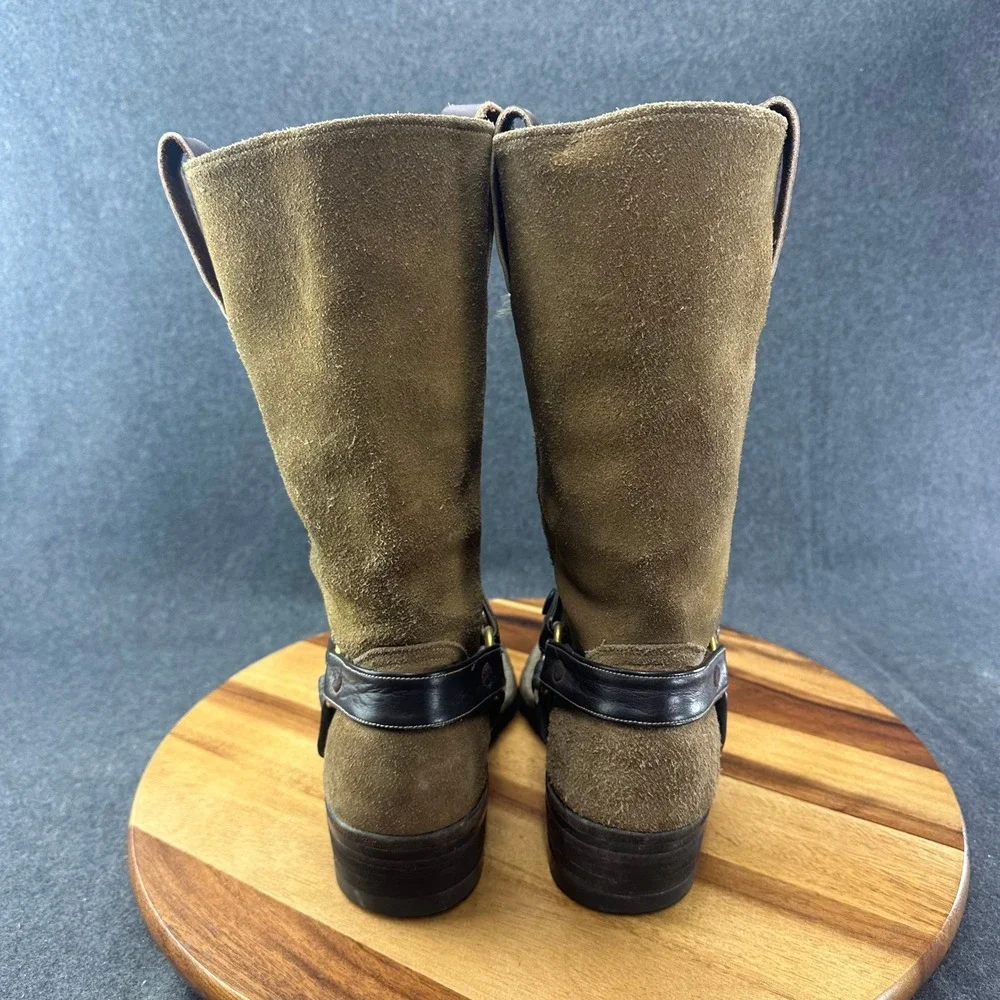 Vintage 1970s Mens Tan Suede Harness Boots Square Toe Brown Leather Straps 9.5 - Picture 6 of 12